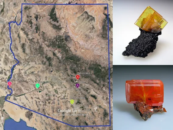 On the left is a satellite photo of the state of Arizona with the locations of six mines marked. In the upper right is a square, yellow wulfenite crystal on a black mineral. In the lower right is a rectangular, carmine red wulfenite crystal.