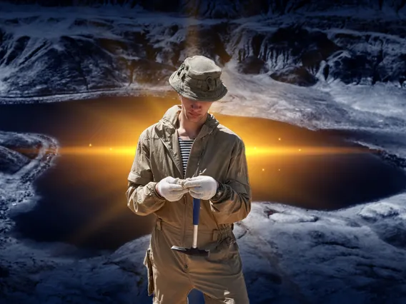 image of geologist studying a rock