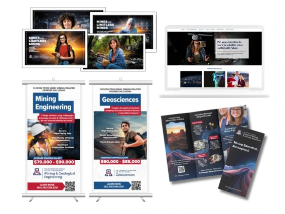 composite image of banners, photos, websites, brochures