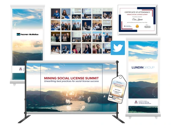 composite image of banners, photos, certificate, Twitter icon