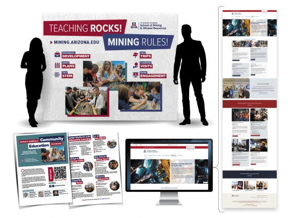 composite image of flyers, banners, websites