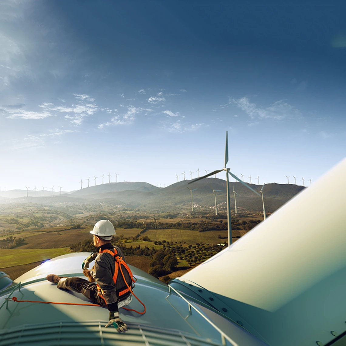 Engineer atop wind turbine