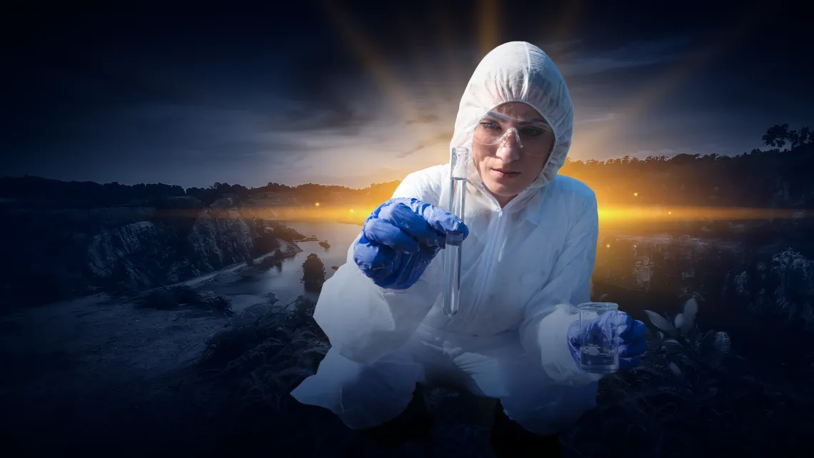 Scientist in field testing water