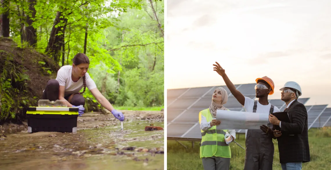 environmental scientist taking water samples, engineers and solar panels composite image