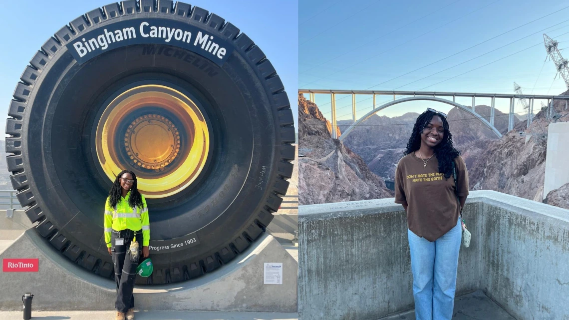 Collage of Greatness Ojum, student in front of Giant truck tire and at a mine