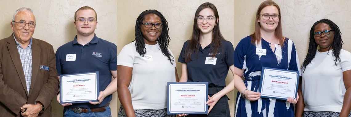 three sets of people, smiling and holding certificates