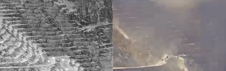Image depicting the same scene of an open pit mine using two different quality cameras. The one on the left is a clearer image using a thermal camera while the one on the right is taken with a normal camera.